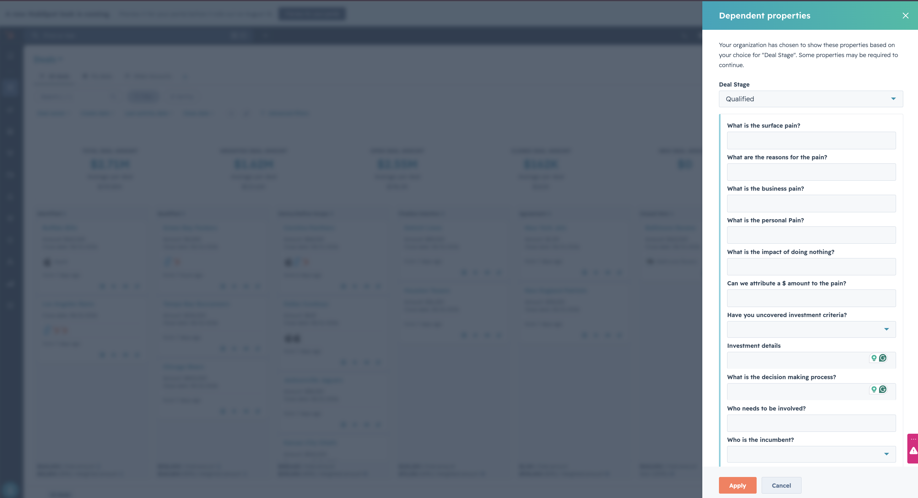HubSpot deal record with Sandler qualification fields for Atlas Excavating