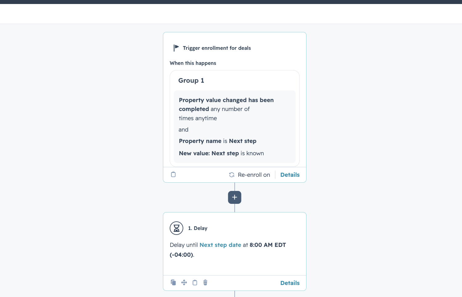 HubSpot workflow builder showing a 'Trigger enrollment for deals' automation with a delay step, switched on and left untouched