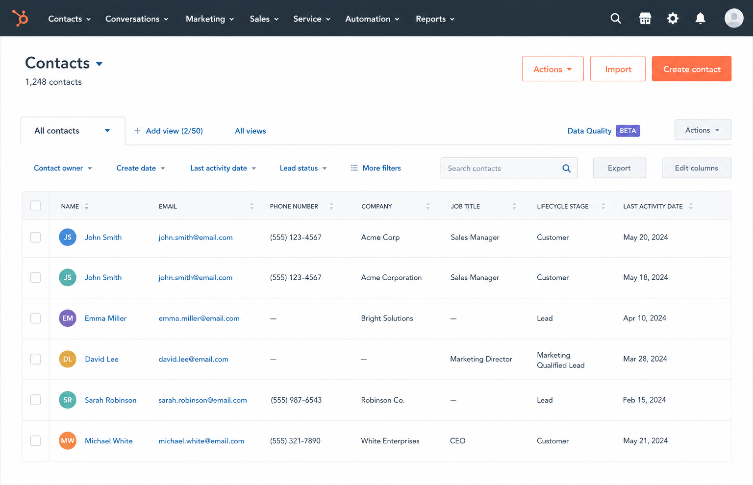 HubSpot Contacts table with 1,248 contacts showing name, email, phone, company, job title, lifecycle stage and last activity date columns