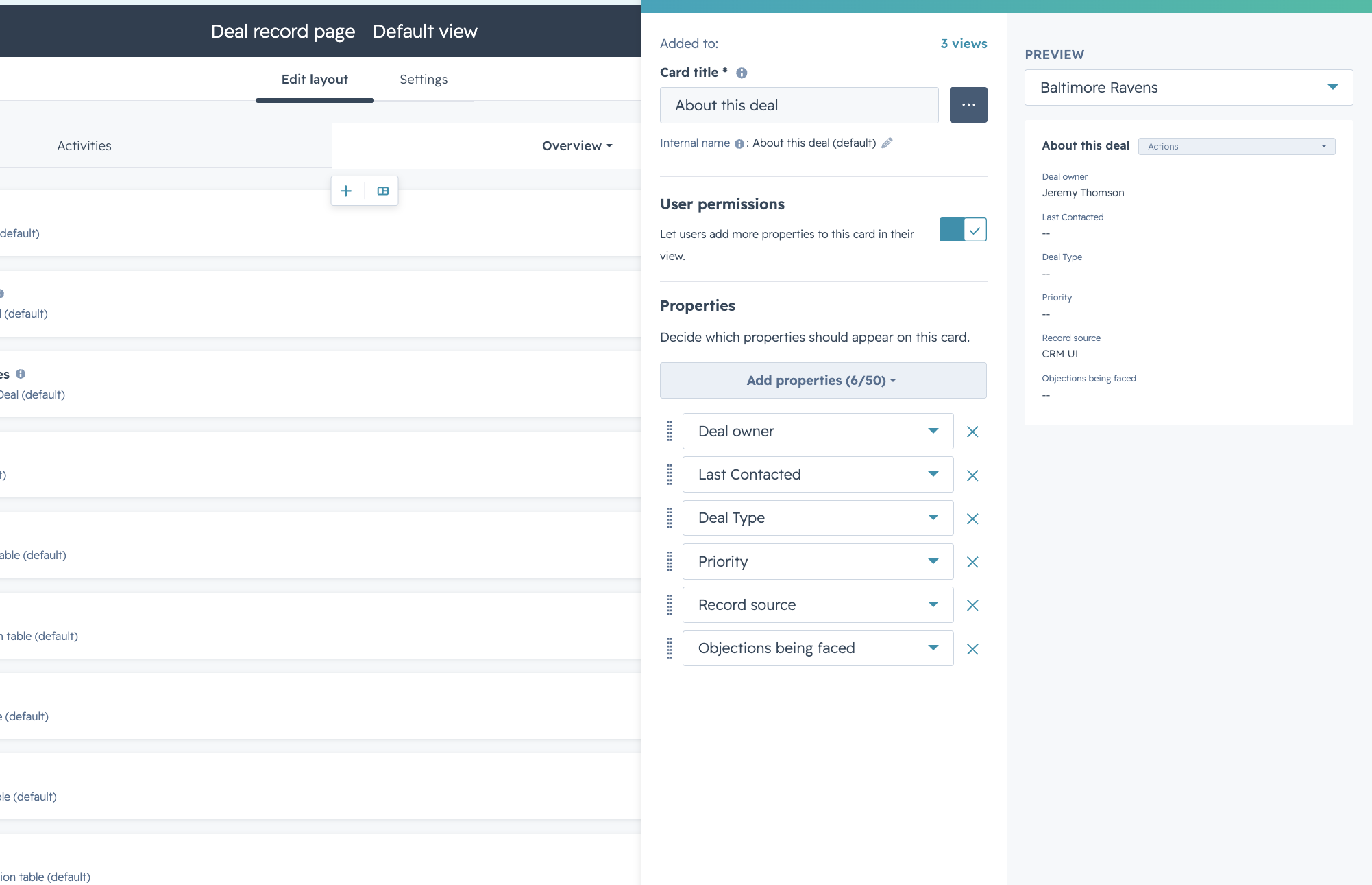 HubSpot deal record layout editor showing custom deal properties being configured, with a live preview of the rebuilt card