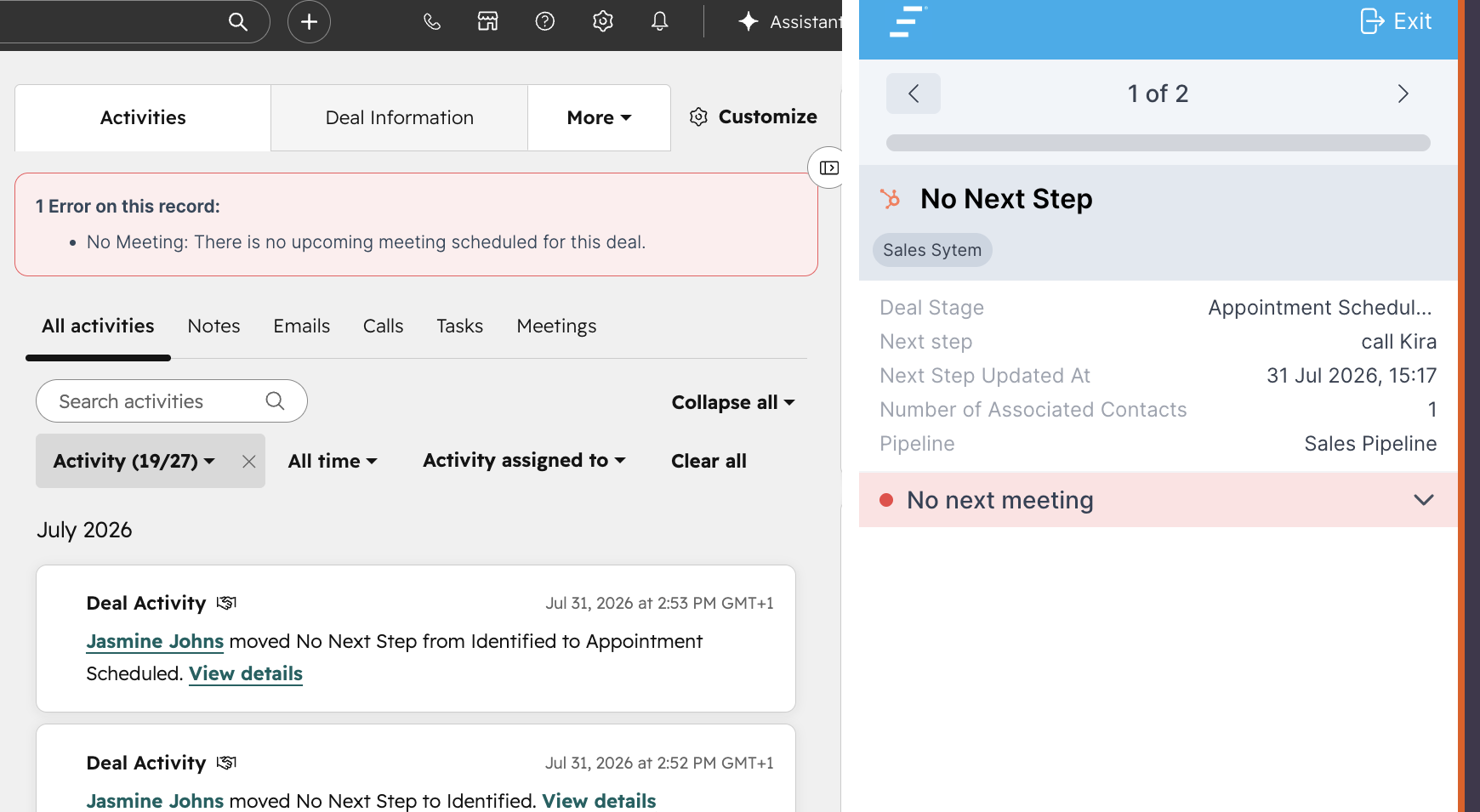 A flagged HubSpot deal record showing the full No Meeting error banner next to the deal's side panel