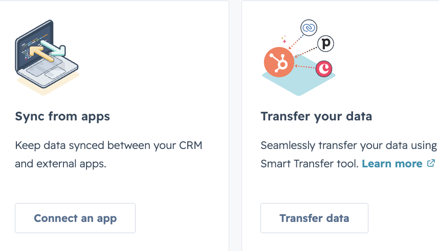 HubSpot data integration cards: Sync from apps and Transfer your data