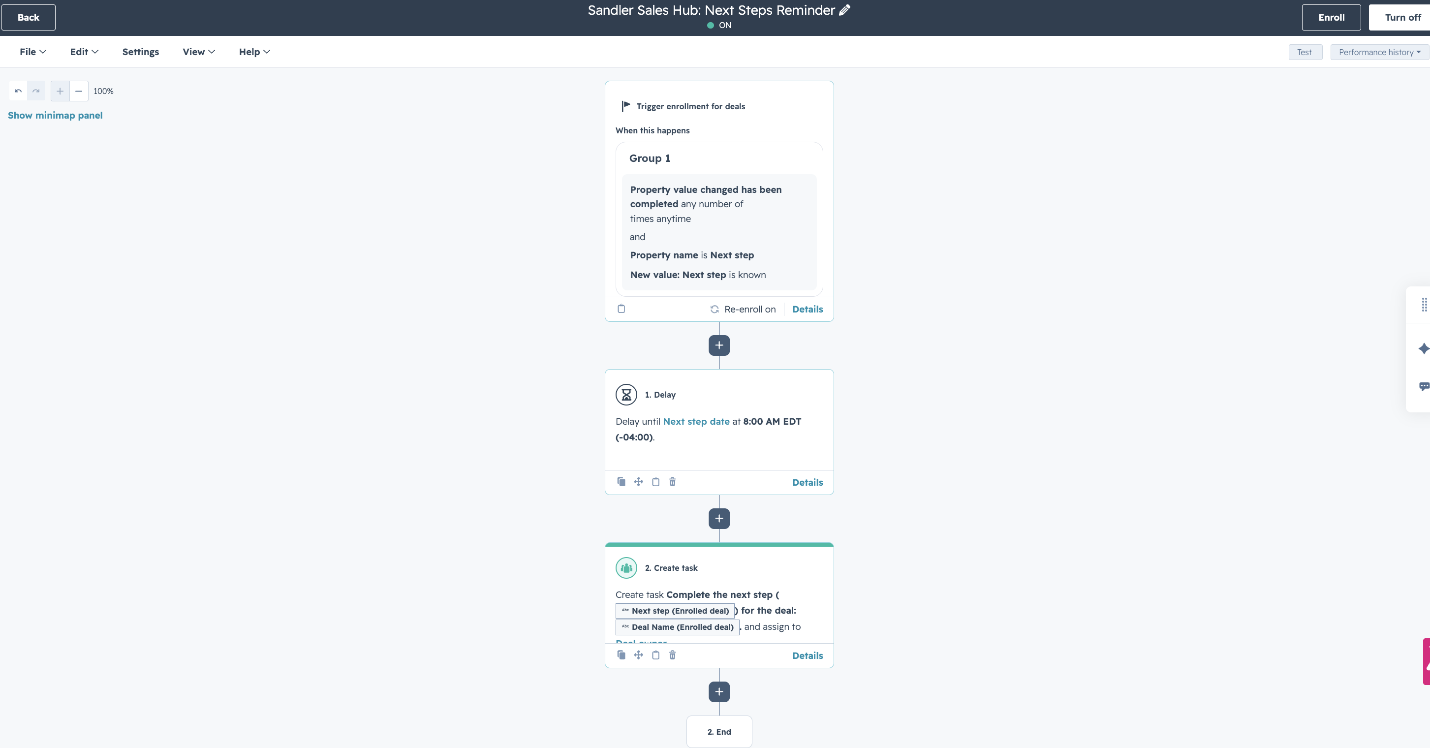 HubSpot workflow builder showing an automation that creates a task when a deal's next step changes