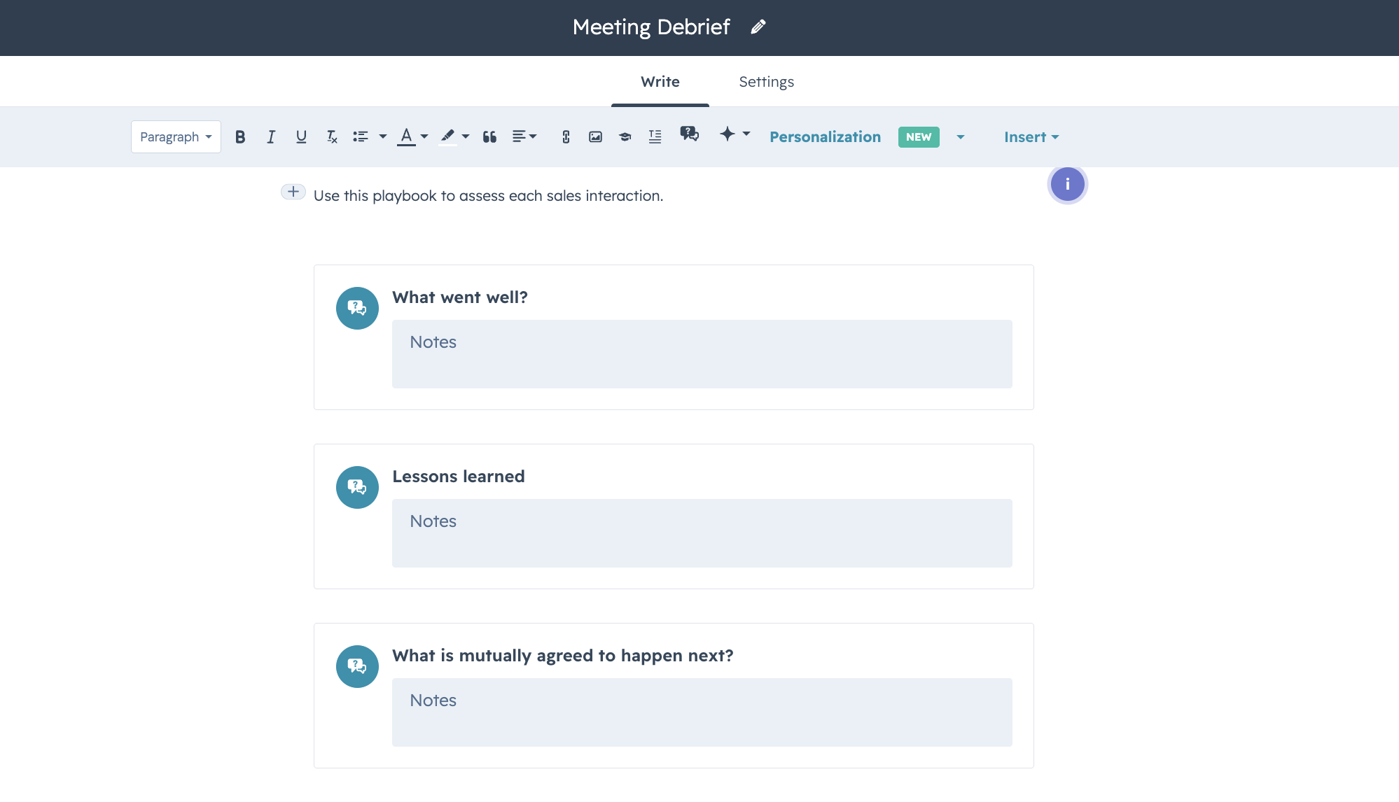 HubSpot Meeting Debrief playbook with fields for what went well, lessons learned, and agreed next steps