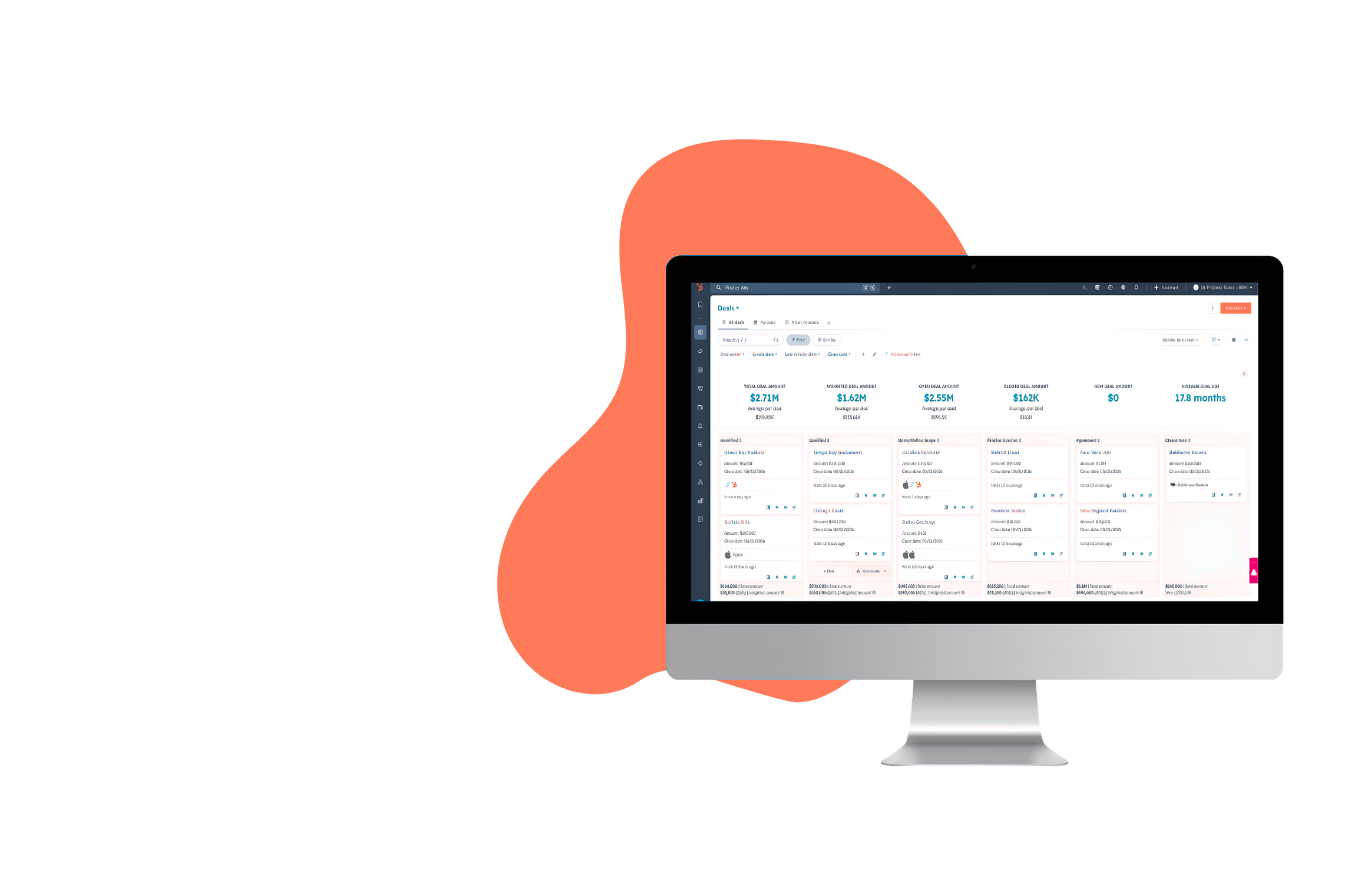 HubSpot Deals pipeline dashboard shown on a desktop monitor, with deal stages, amounts and forecasted close dates